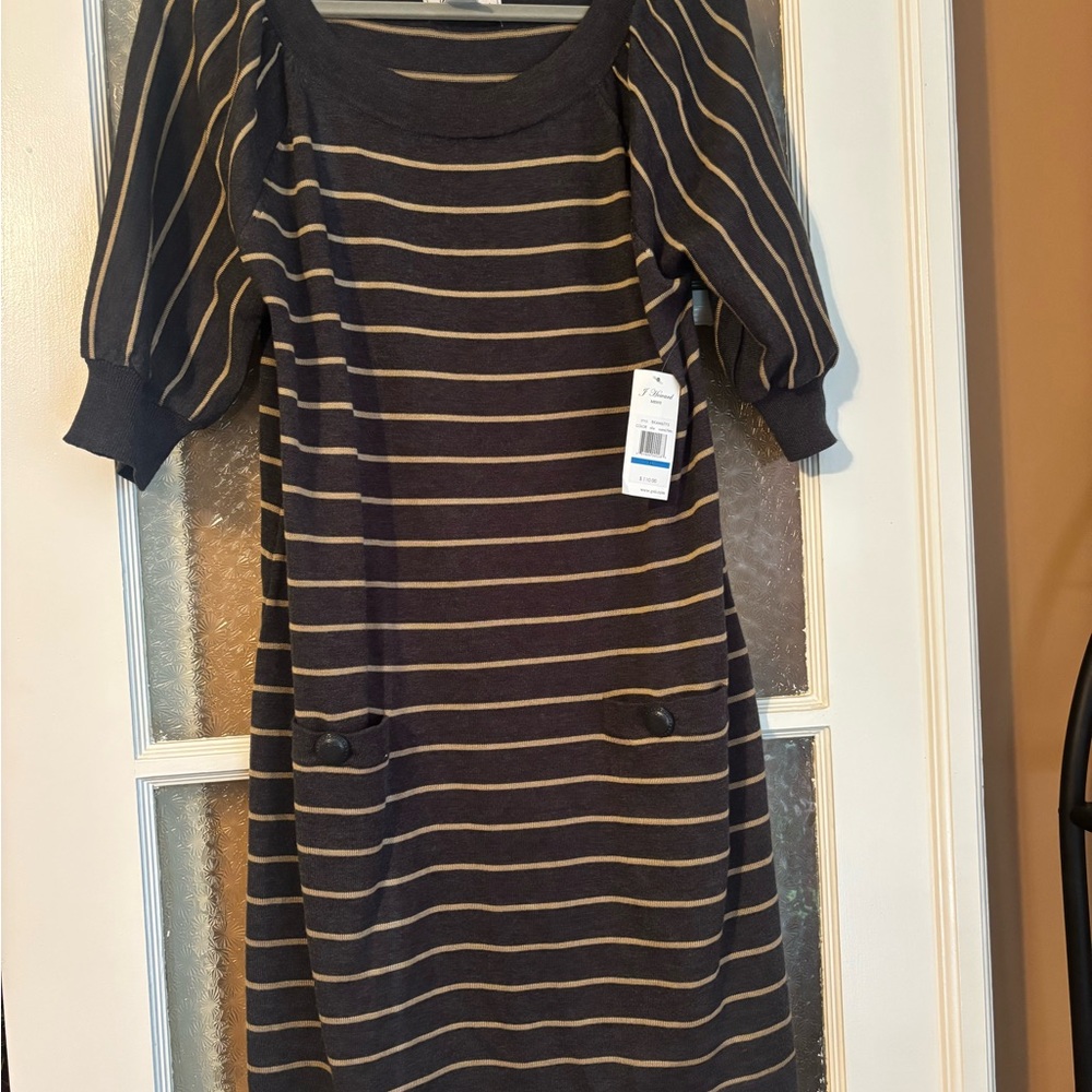 J Howard Striped Puff-Sleeve Knit Midi Dress - Black & Tan